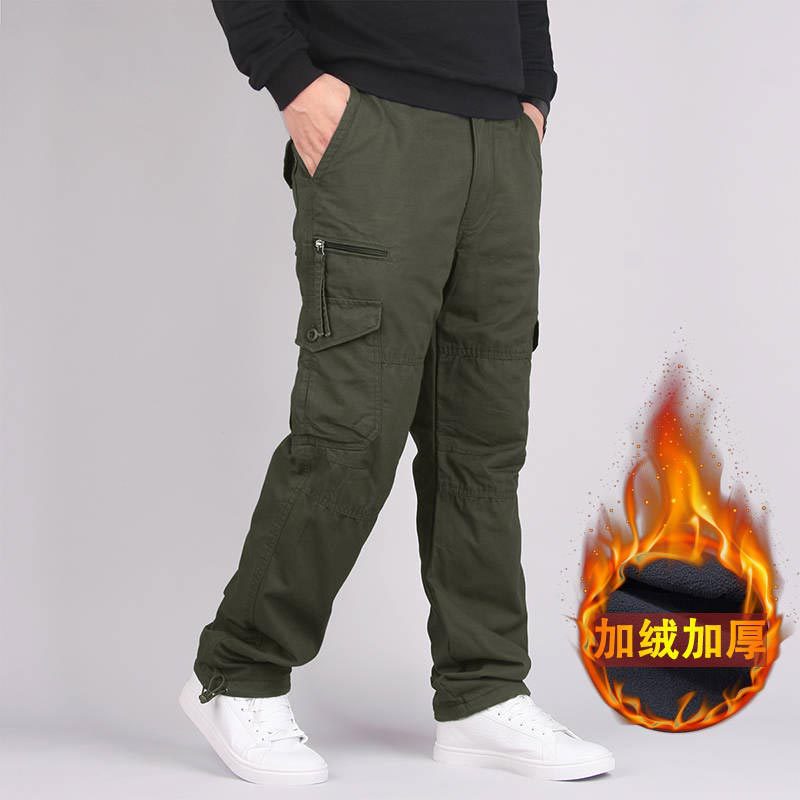 2023 Men's Fleece Cargo Pants Winter Thick Warm Pants Multi Pocket Casual Military Baggy Tactical Trousers Plus Size Full Length