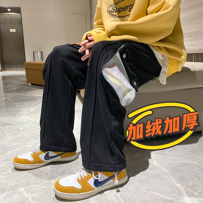 LINHUA Men&#39;s Fashion Fleece Wide Leg Pants Streetwear Hip-hop Casual Sweatpants Print Pocket Cargo Pants Men Drawstring Trousers