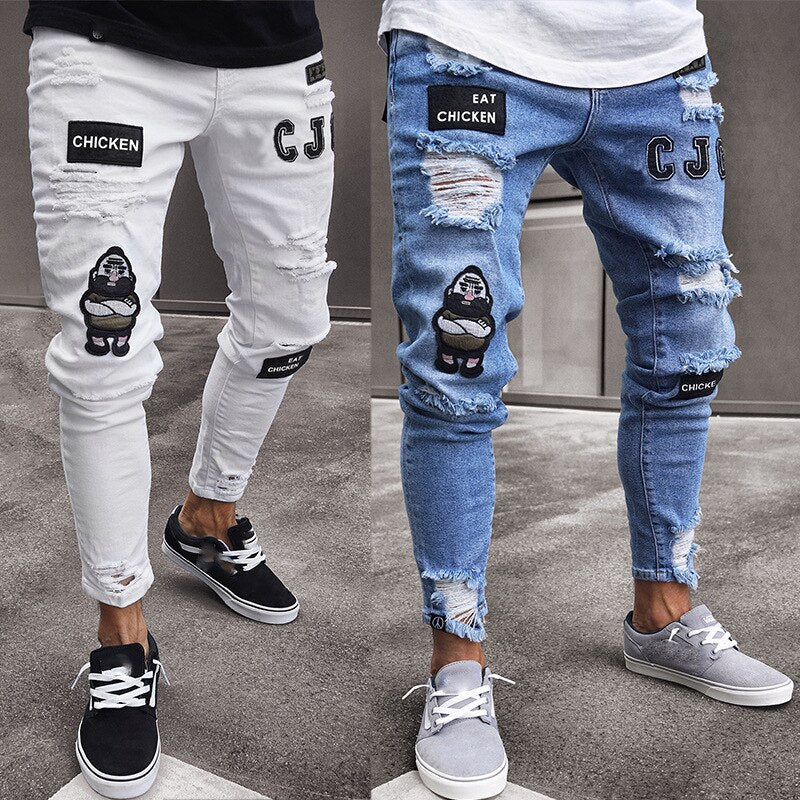 2022 Men Stylish Ripped Jeans Pants Biker Slim Straight Hip Hop Frayed Denim Trousers New Fashion Skinny Jeans Men European Size