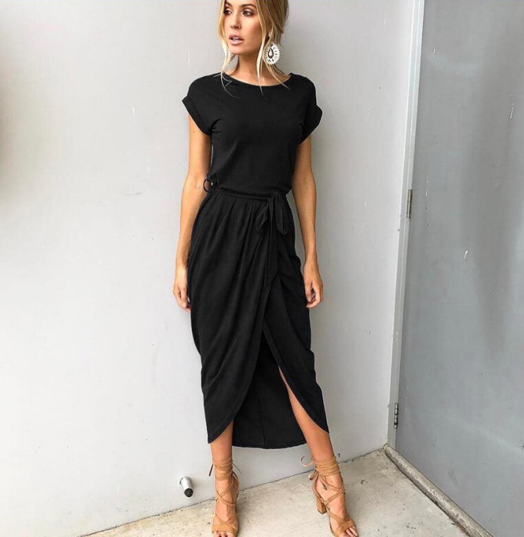 Solid Color Reverse-sleeved Flat Short-sleeve Summer Dress Women O-neck Irregular Split Hem Belt Office Lady Female Long Dresses