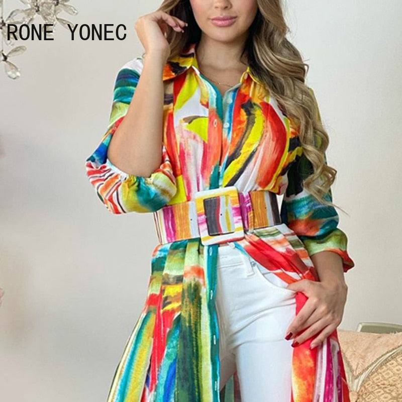 Women Elegant Tie dye Lantern Sleeves Sashes Maxi Colorful Dresses Tops