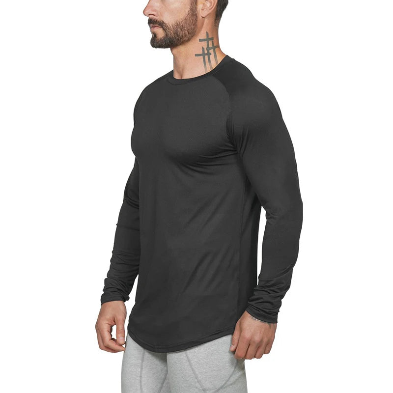 New brand gyms clothing Mesh solid long sleeve t shirt men slim fit fitness High stretch o neck Quick dry Bodybuilding t-shirt