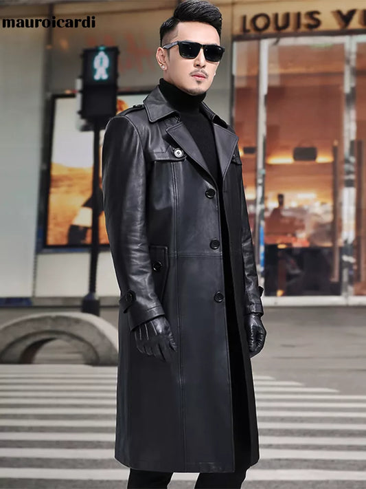 Mauroicardi Spring Long Smart Black Waterproof Leather Trench Coat Men Lapel belt Autumn Soft Faux Leather Blazer for Men 2023