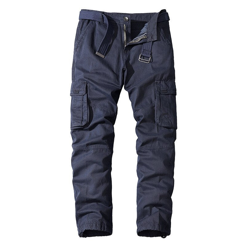 Cargo Pants Men Cotton Full Length Mens Casual Pants Outdoor Military Multi Pocket Cargo Trousers Men MID Solid Pants No Belt