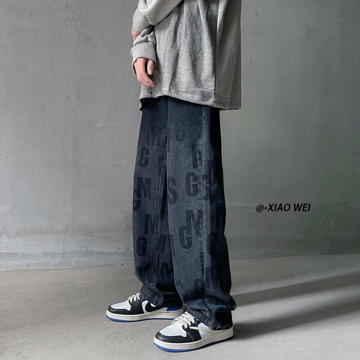 Black/Blue Men Streetwear Casual Letter Printed Jeans Autumn New Loose Straight Denim Pants Harajuku Male Jean Pants Trousers