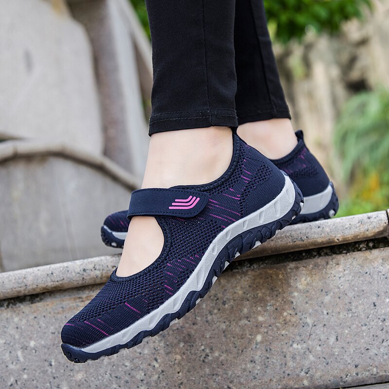 2021 spring and summer breathable mesh casual shoes ladies sneakers solid color hook and loop sneakers ladies shoes flat shoes