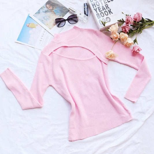 Half High Neck Long Sleeve T-shirt Women Knitted Sexy Tops Autumn Winter Hollow Out Solid White Pink Skinny Slim Women T-shirts