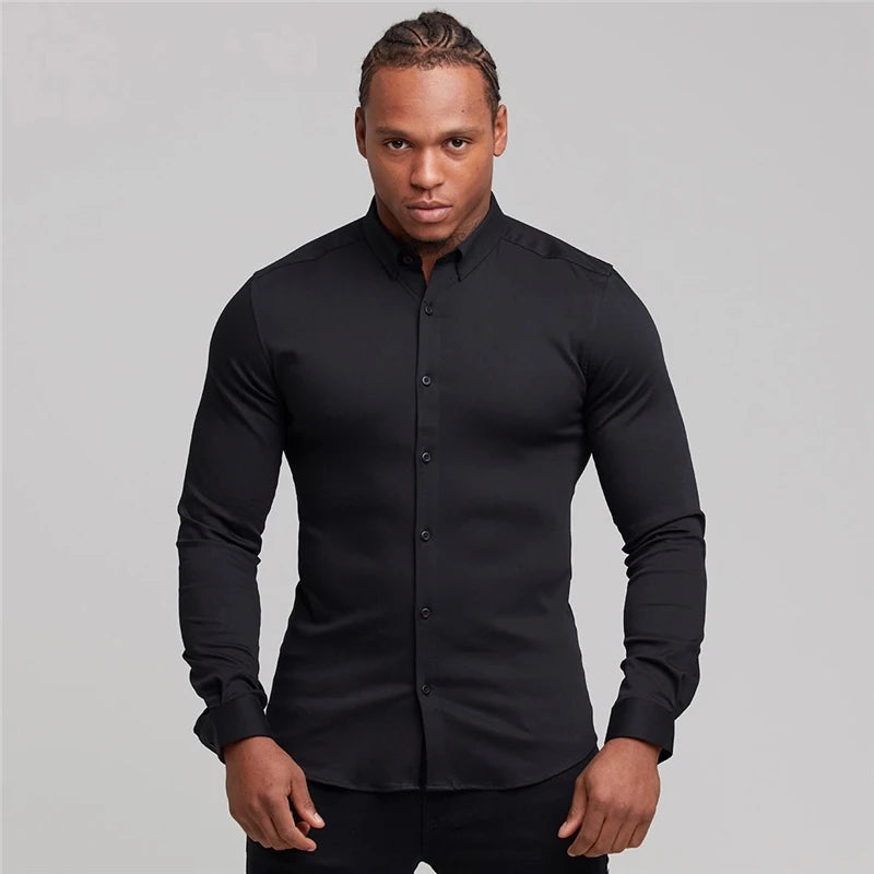 Spring Autumn Fashion Long Sleeve Shirt Men Solid Casual Super Slim Fit Social Business Dress Shirt Mens Gym Sports Clothing