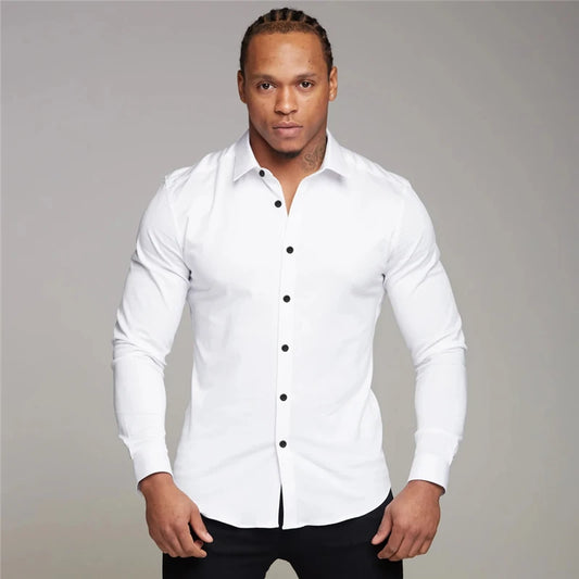 Spring Autumn Fashion Long Sleeve Shirt Men Solid Casual Super Slim Fit Social Business Dress Shirt Mens Gym Sports Clothing