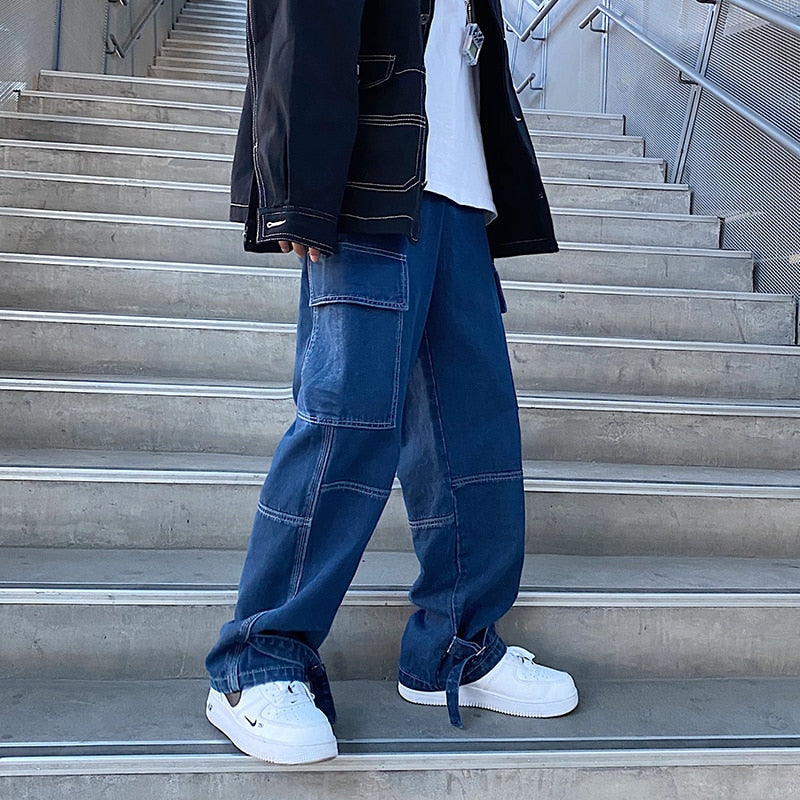 LINHUA Men Wide Leg Jeans Mens Spring cargo pants Hip Hop Streetwear New Loose Straight Baggy Denim Pants Male work jeans