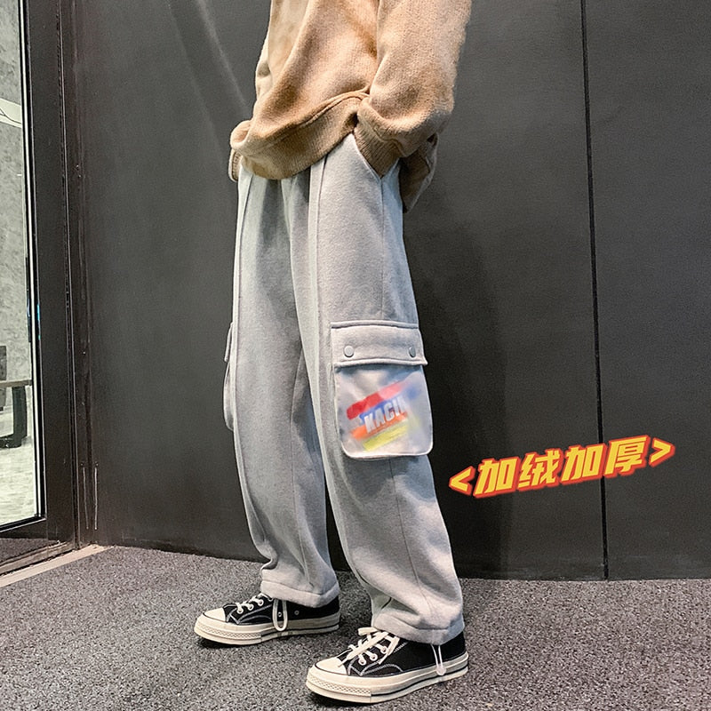 LINHUA Men&#39;s Fashion Fleece Wide Leg Pants Streetwear Hip-hop Casual Sweatpants Print Pocket Cargo Pants Men Drawstring Trousers