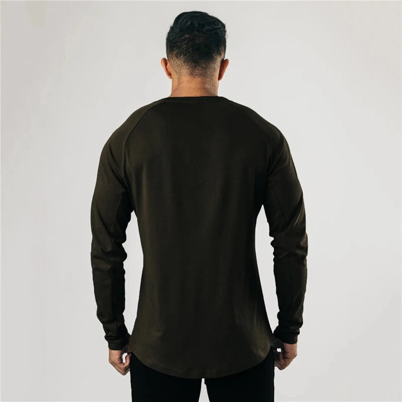 Cotton Casual Long Sleeve T-shirt Men Gym Bodybuilding Fitness Workout Slim T Shirt Male Solid Tee Tops Sport Training Clothing