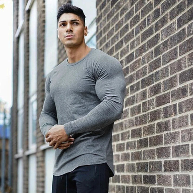 Spring Solid Fitness Long Sleeve T Shirt Men Autumn Cotton Slim Fit Sports T-Shirt Man O-neck Tee Shirt Gym Bodybuilding Tshirt