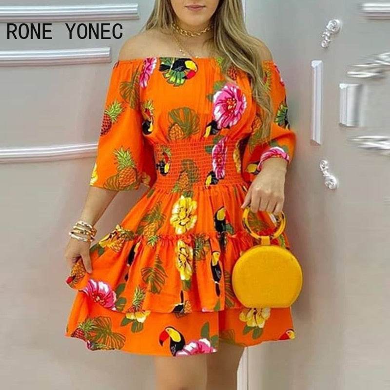 Women Tropical Print Off Shoulder Casual Dress Vacation Dress 2021