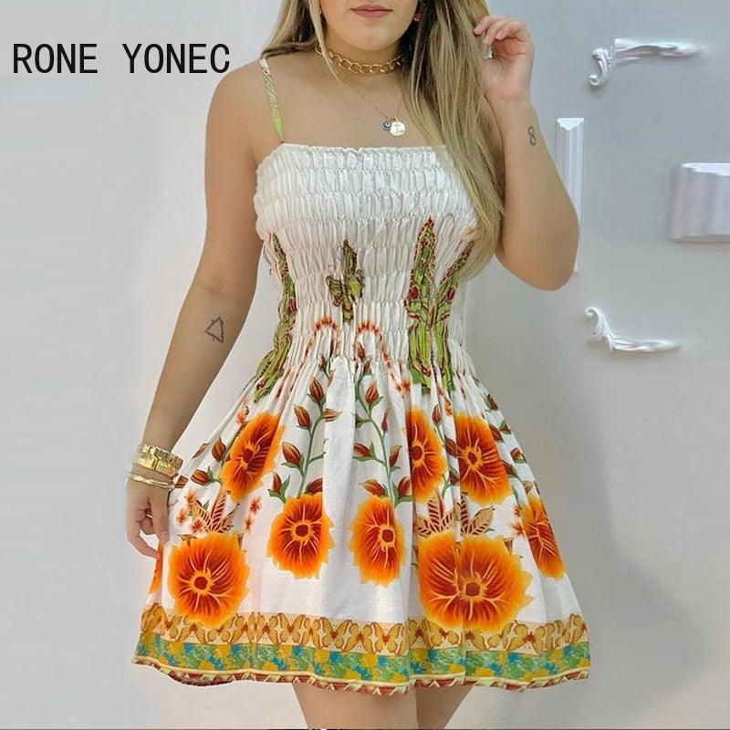 Women Elegant Dress Floral Print Spaghetti Strap Shirred Dress Casual Summer Mini Dress