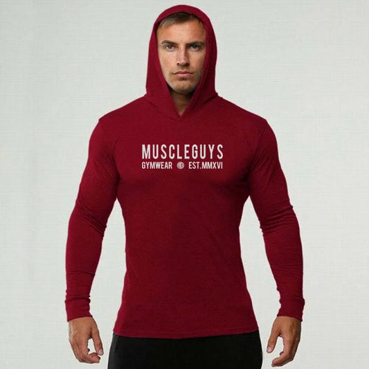 Muscleguys Brand Gym Clothing Slim Fit Long Sleeve Hooded T Shirt Men Solid Fitness Mens T-Shirt Cotton Bodybuilding Tee Shirts