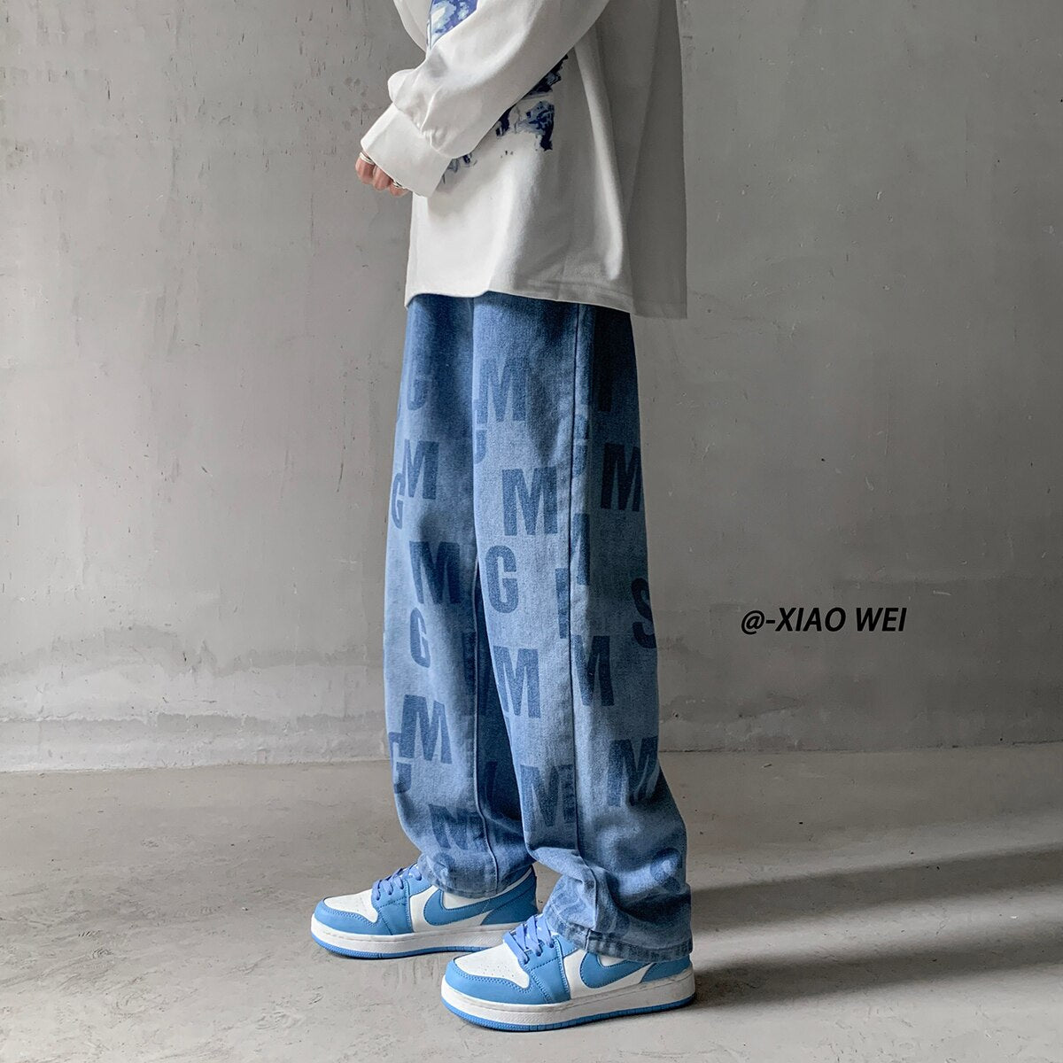 Black/Blue Men Streetwear Casual Letter Printed Jeans Autumn New Loose Straight Denim Pants Harajuku Male Jean Pants Trousers