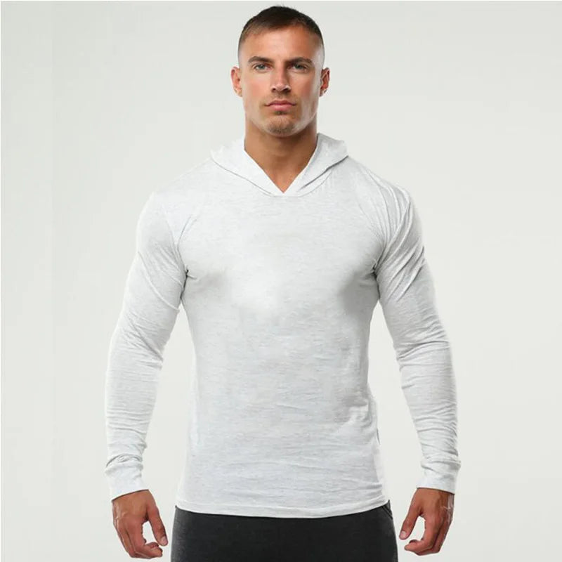 Brand Gym Clothing Solid Color Long Sleeve Slim Hooded T Shirt Men Cotton Tee Shirt Bodybuilding and Fitness Sportwear TShirt