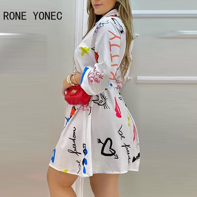 Women Casual waistband Puff sleeves All Over Print with letter Mini Dress