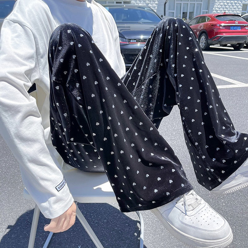 Plus Size 5XL Mens Velvet Straight Loose Pants Autumn Winter Streetwear Drawstring Trousers Coffee/Black Casual Printed Pants