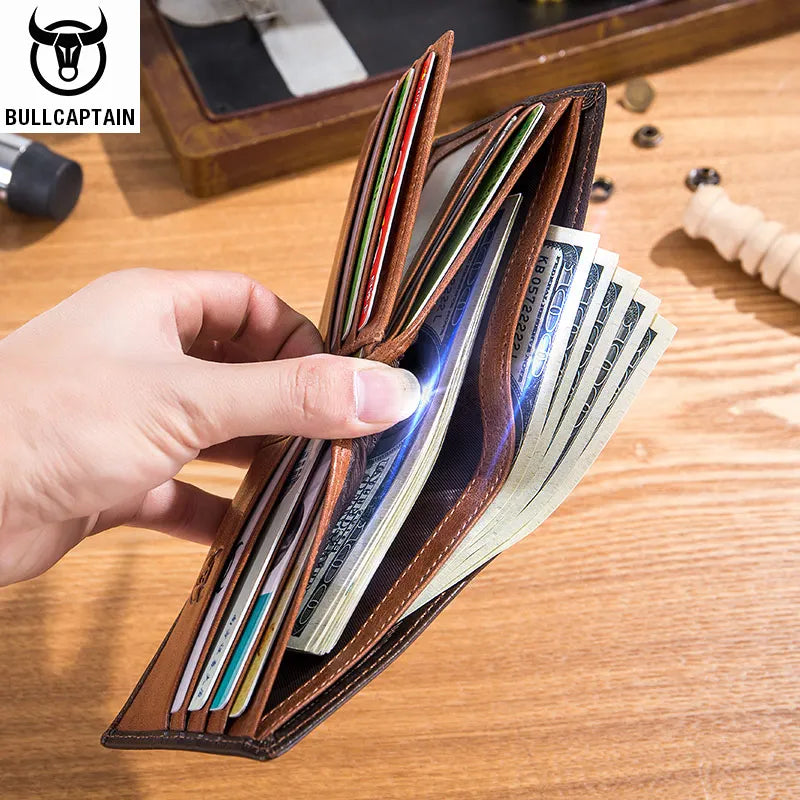 BULLCAPTAIN RFID Blocking Men's Leather Wallet Bifold Slim Wallet Multi-card Card Holder ID Wallet QB 05