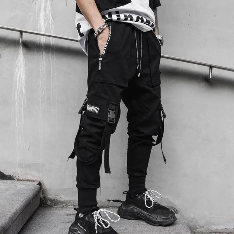 Joggers Cargo Pants for Men Casual Hip Hop Hit Color Pocket Male Trousers Sweatpants Streetwear Ribbons Techwear Pants