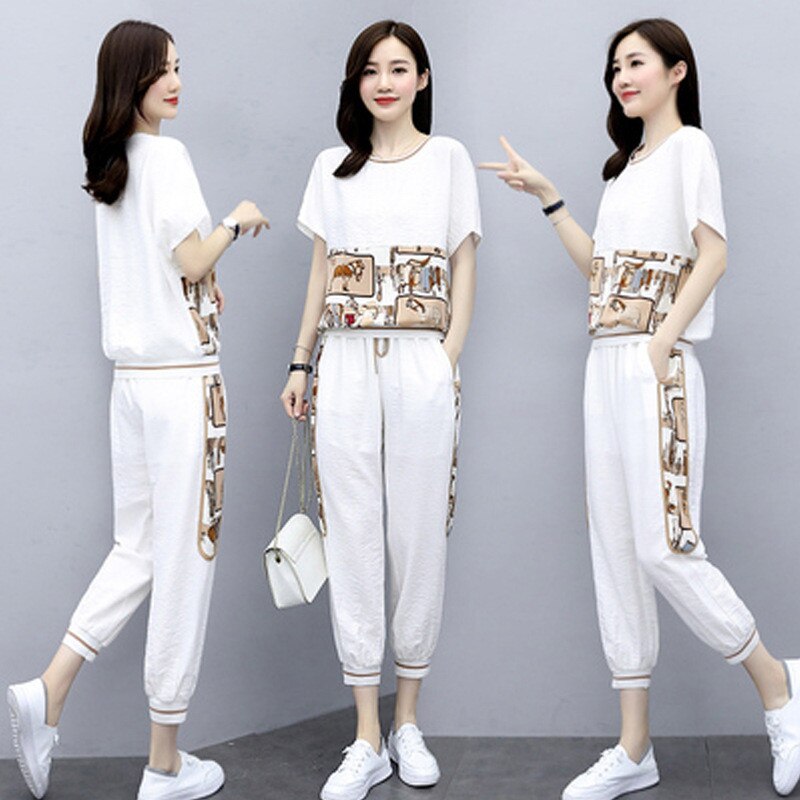 Fashion Summer Women Sets Casual Female Sportswear Suit Printed Short Sleeve Tshirts+ Pants Two-piece Set Large Size