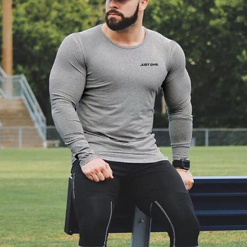 Muscleguys Bodybuilding long sleeve T-shirt men brand clothing casual Letters print T shirt male tops stretch o neck Tshirt