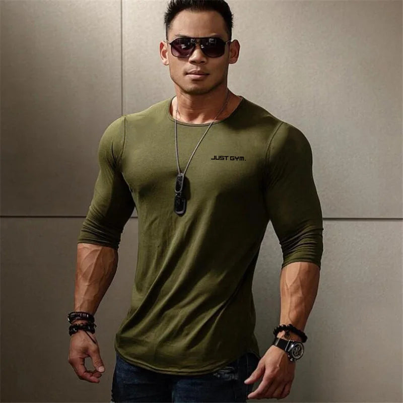 Muscleguys Bodybuilding long sleeve T-shirt men brand clothing casual Letters print T shirt male tops stretch o neck Tshirt