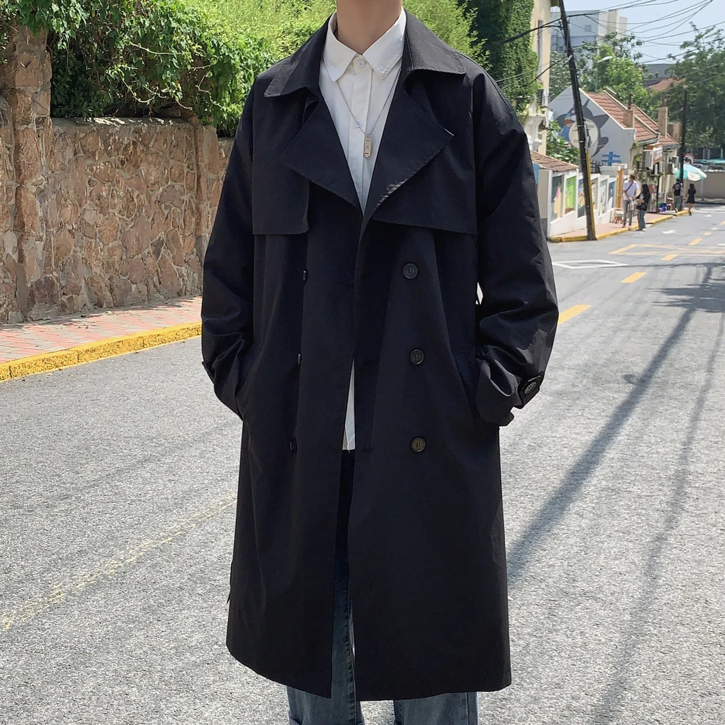 Korean style Spring Trench Coat Male Streetwear Windbreaker Trenchcoat Men Solid Business Casual Loose Long Overcoat