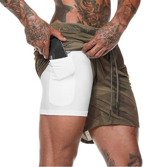 Men's Camouflage Fitness Shorts Men 2 in 1 Gyms Shorts Male double-deck Quick Drying Security Pocket Shorts Jogging Shorts Men