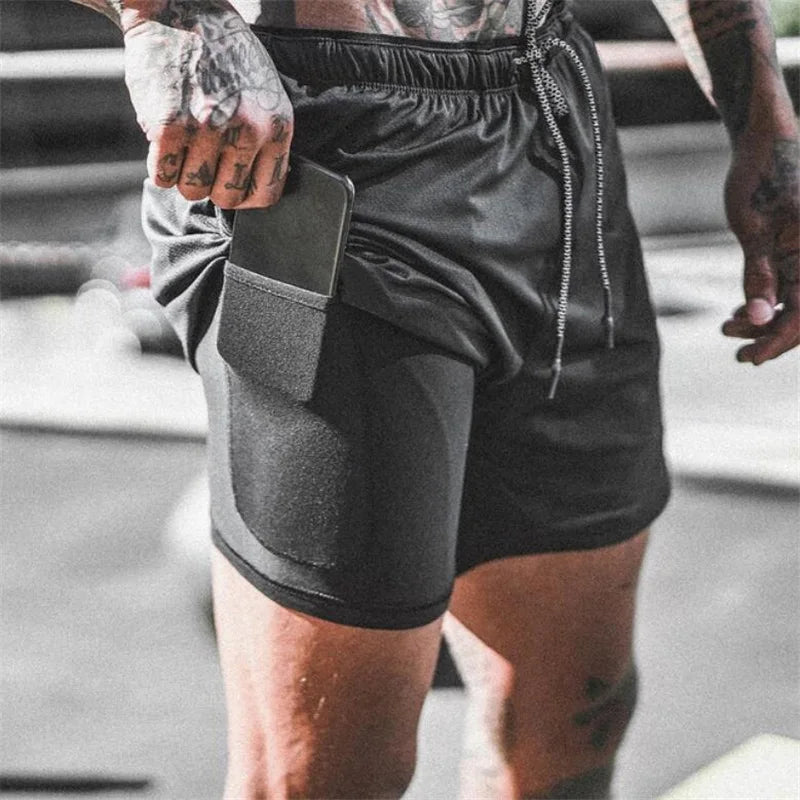 Summer New 2 in 1 Gyms Shorts Men Casual Joggers Shorts Homme Security pocket Elastic Waist Fashion Boardshorts Plus Size 3XL