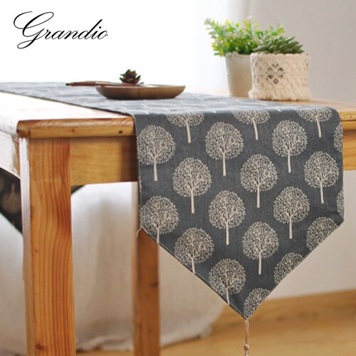 Japanese Style Table Runner Elegant Cotton Linen Tablecloth with Tassel 2 Colors Tea Plant Printed Decorative Table Cloth Cover