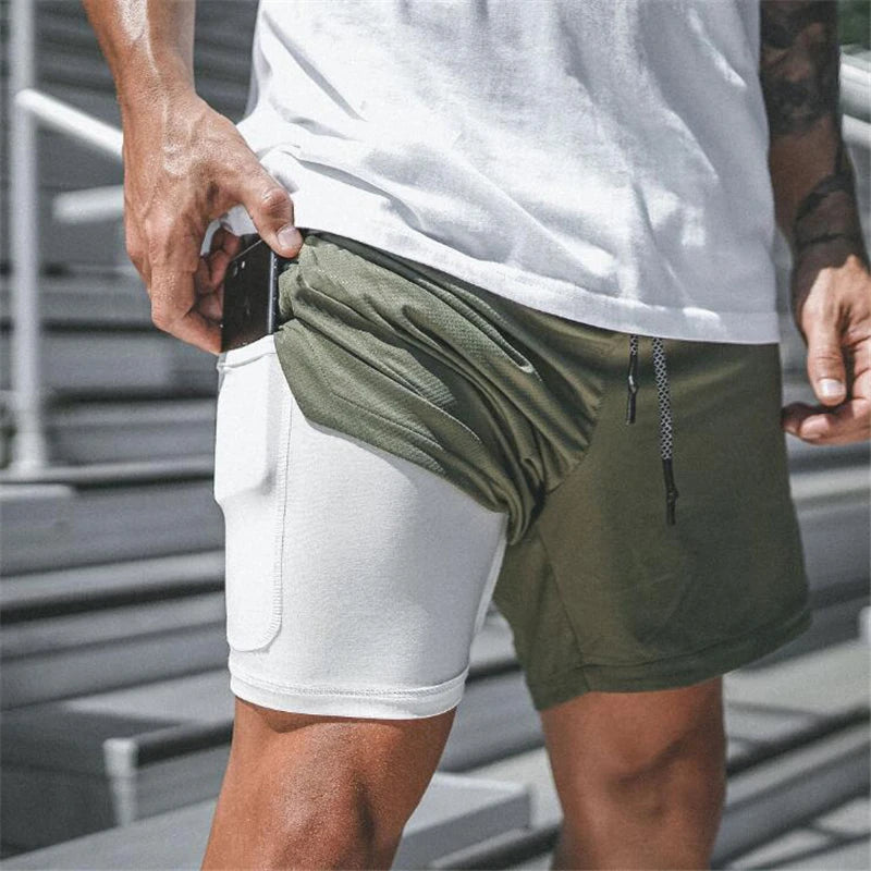 Summer New 2 in 1 Gyms Shorts Men Casual Joggers Shorts Homme Security pocket Elastic Waist Fashion Boardshorts Plus Size 3XL