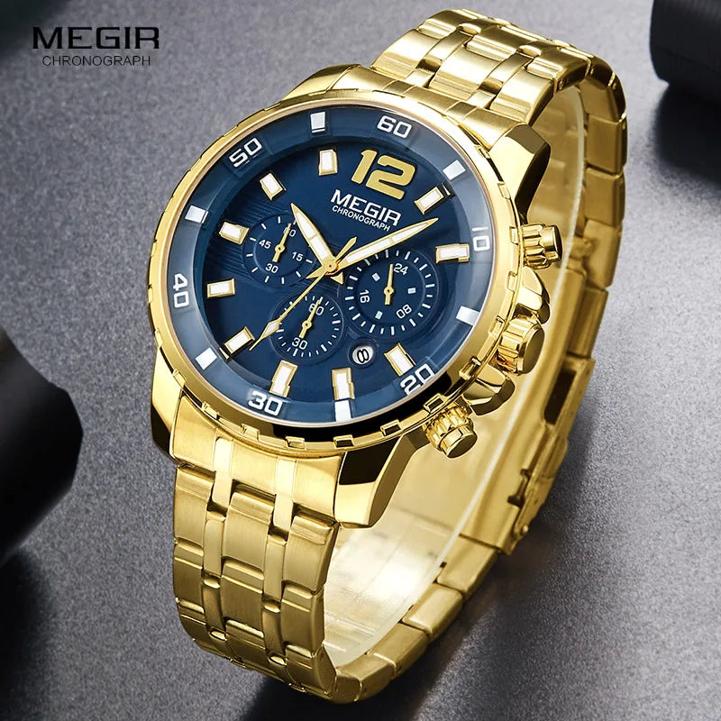 Megir Men's Gold Stainless Steel Quartz Watches Business Chronograph Analgue Wristwatch for Man Waterproof Luminous 2068GGD-2N3