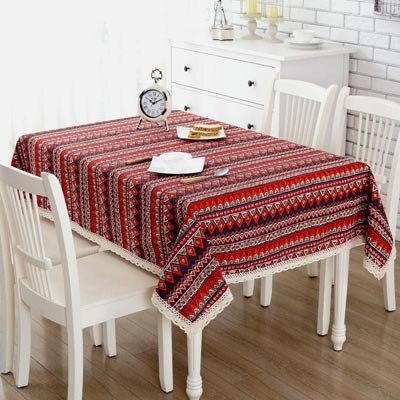 Bohimian Linen Table Cloth with Cotton Lace Trim 2 Colors Designs Table Cover Home Decorative Tablecloth for Dinning Wedding