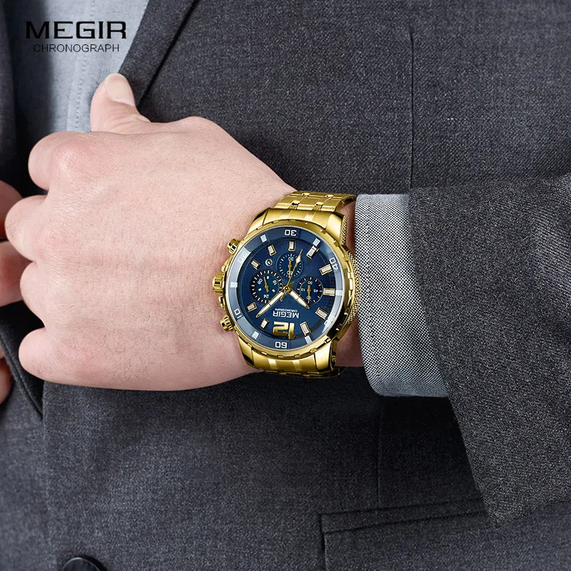 Megir Men's Gold Stainless Steel Quartz Watches Business Chronograph Analgue Wristwatch for Man Waterproof Luminous 2068GGD-2N3