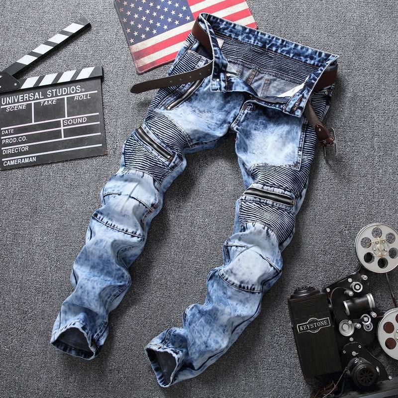 Fashion Motorcycle Jeans Men Distressed Ripped Skinny Mens Jeans Slim Fit Moto Biker Jeans Elastic Denim Trousers Men Pants