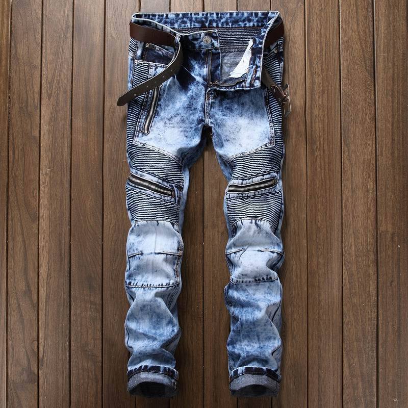 Fashion Motorcycle Jeans Men Distressed Ripped Skinny Mens Jeans Slim Fit Moto Biker Jeans Elastic Denim Trousers Men Pants