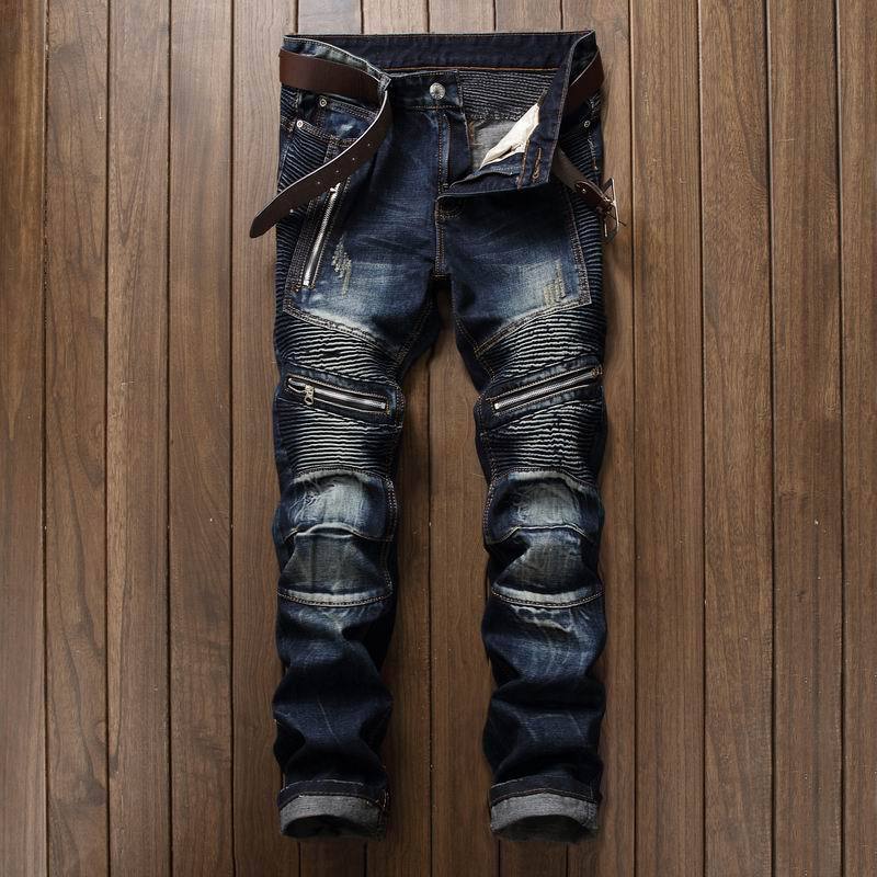 Fashion Motorcycle Jeans Men Distressed Ripped Skinny Mens Jeans Slim Fit Moto Biker Jeans Elastic Denim Trousers Men Pants