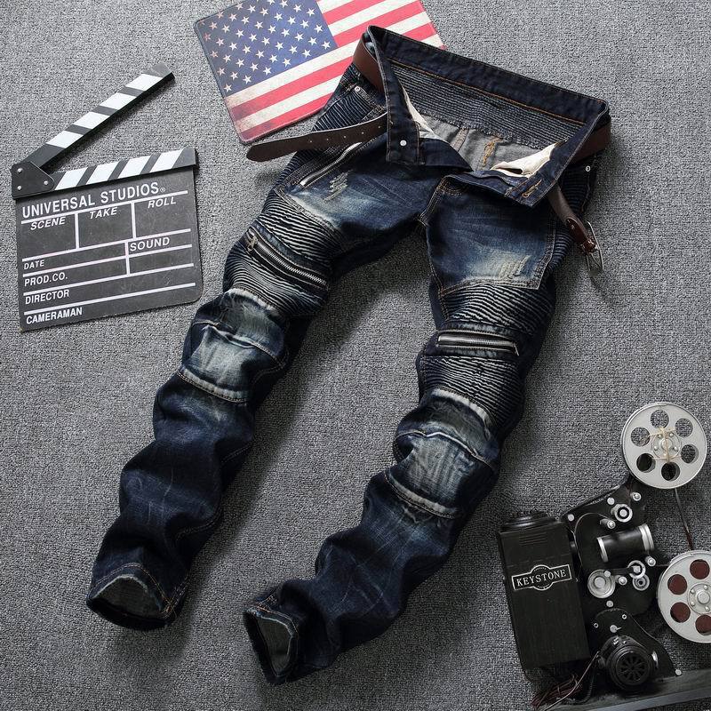 Fashion Motorcycle Jeans Men Distressed Ripped Skinny Mens Jeans Slim Fit Moto Biker Jeans Elastic Denim Trousers Men Pants