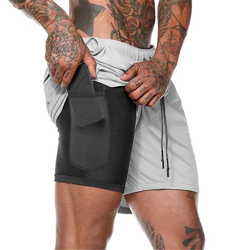 Men's Camouflage Fitness Shorts Men 2 in 1 Gyms Shorts Male double-deck Quick Drying Security Pocket Shorts Jogging Shorts Men