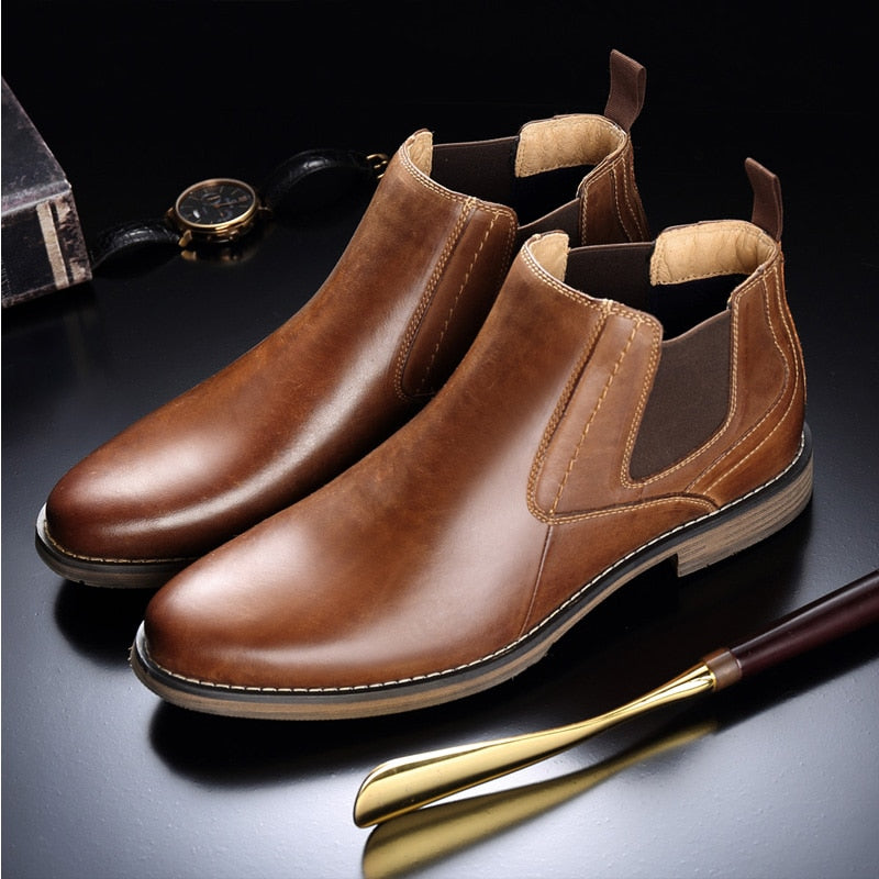 VRYHEID Genuine Leather Men's Chelsea Boots High Top Casual Comfort Dress Shoes Fashion Brown Chukka Ankle Boots Plus Size 42-50