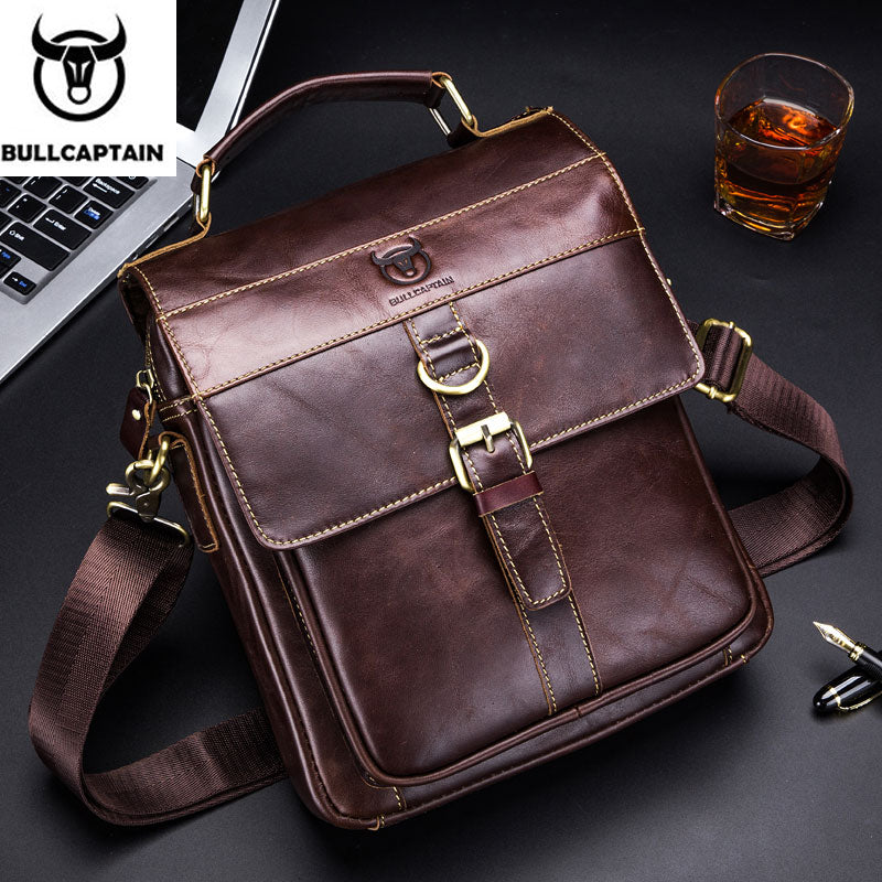 BULLCAPTAIN Men's Leather Shoulder Bag, Retro Business Crossbody Bag, Large Capacity Fashion Casual Youth Student Handbag