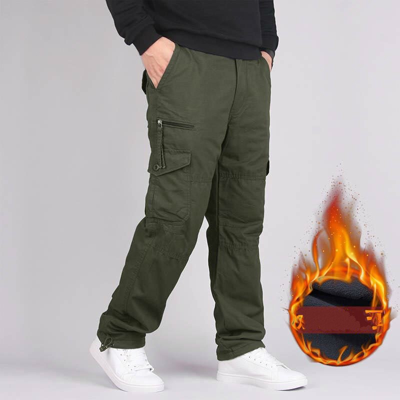 2023 Men's Fleece Cargo Pants Winter Thick Warm Pants Multi Pocket Casual Military Baggy Tactical Trousers Plus Size Full Length