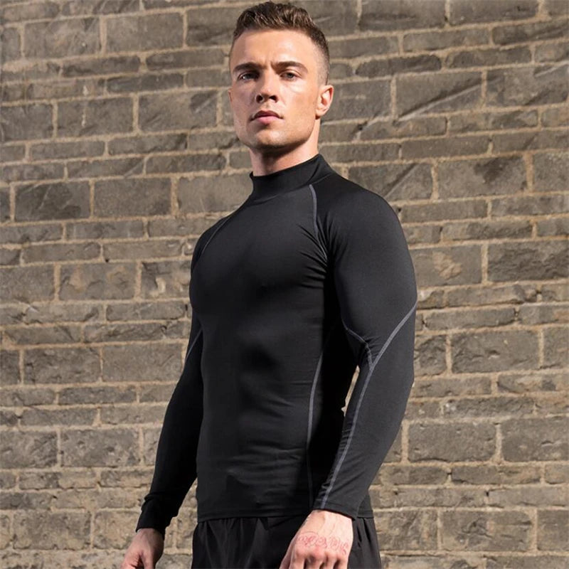 Turtleneck Compression Shirt Men Spring Autumn Running T Shirt Bodybuilding Long Sleeve Sportswear Fitness Tight Gym Clothing