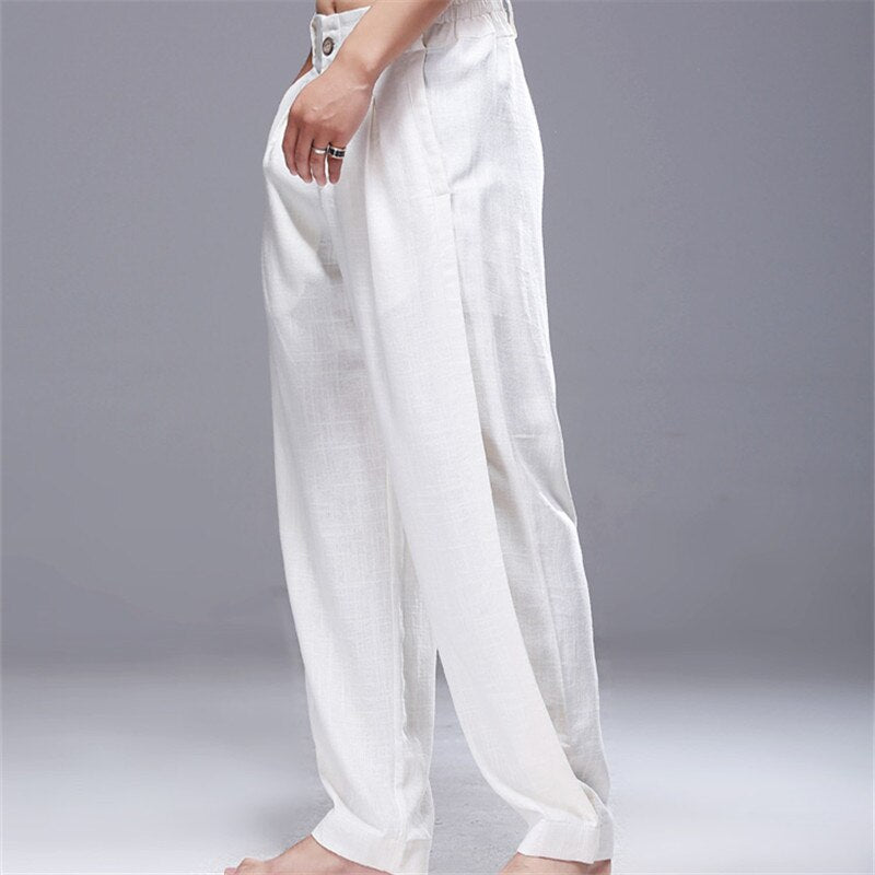 New Men Pants Summer Lightweight Breathable Cotton Linen Casual Pants Mens Solid Straight Harem Pants Fashion Loose Trousers Men