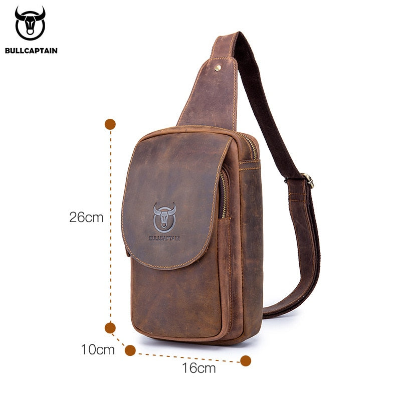 BULLCAPTAIN Men's Crossbody Bags Crazy Horse Leather Chest Bag's Leather Crossbody Bages Retro Men's Zip Pocket Short Travel Bag