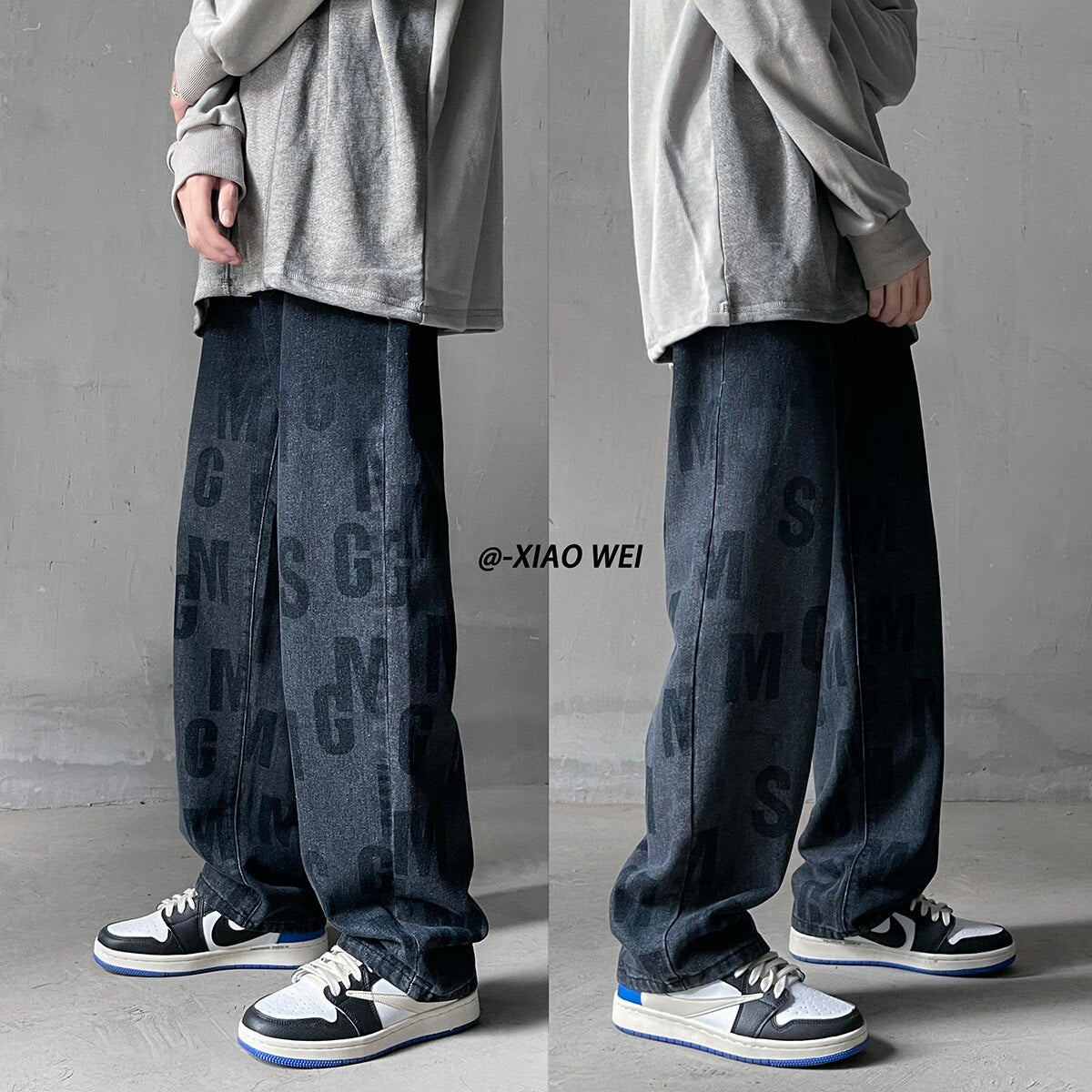 Black/Blue Men Streetwear Casual Letter Printed Jeans Autumn New Loose Straight Denim Pants Harajuku Male Jean Pants Trousers