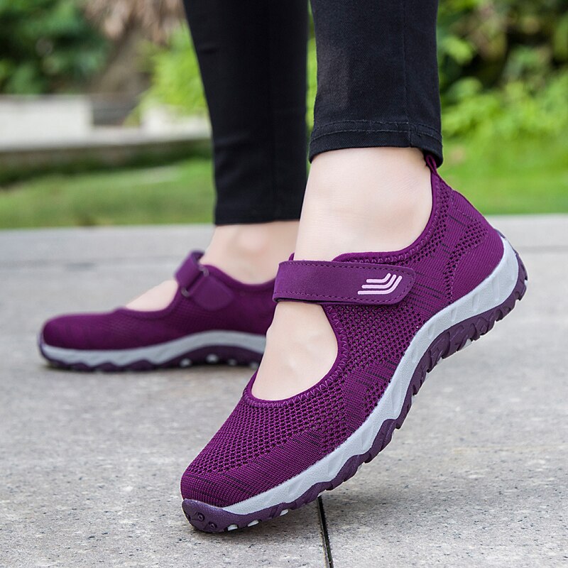 2021 spring and summer breathable mesh casual shoes ladies sneakers solid color hook and loop sneakers ladies shoes flat shoes